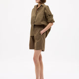 Dark olive Classic Long Sleeve Shirt with custom stripe, chest pocket, and relaxed fit in 100% cotton