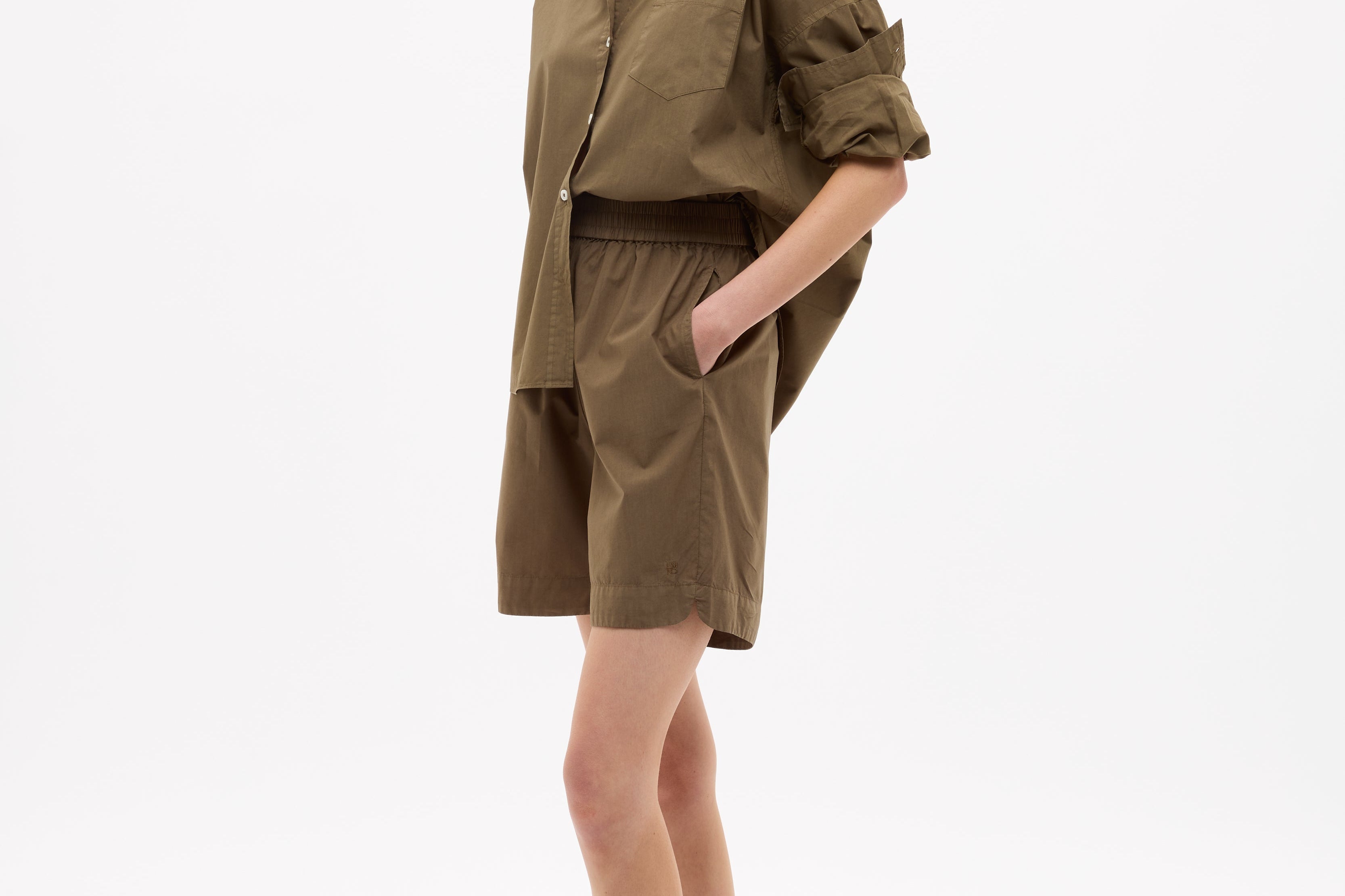 Dark olive Classic Long Sleeve Shirt with custom stripe, chest pocket, and relaxed fit in 100% cotton