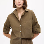 Dark olive Classic Long Sleeve Shirt with custom stripe, chest pocket, and relaxed fit, made from 100% cotton
