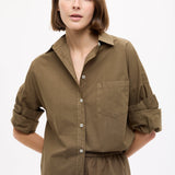 Dark olive Classic Long Sleeve Shirt with custom stripe, chest pocket, and relaxed fit, made from 100% cotton