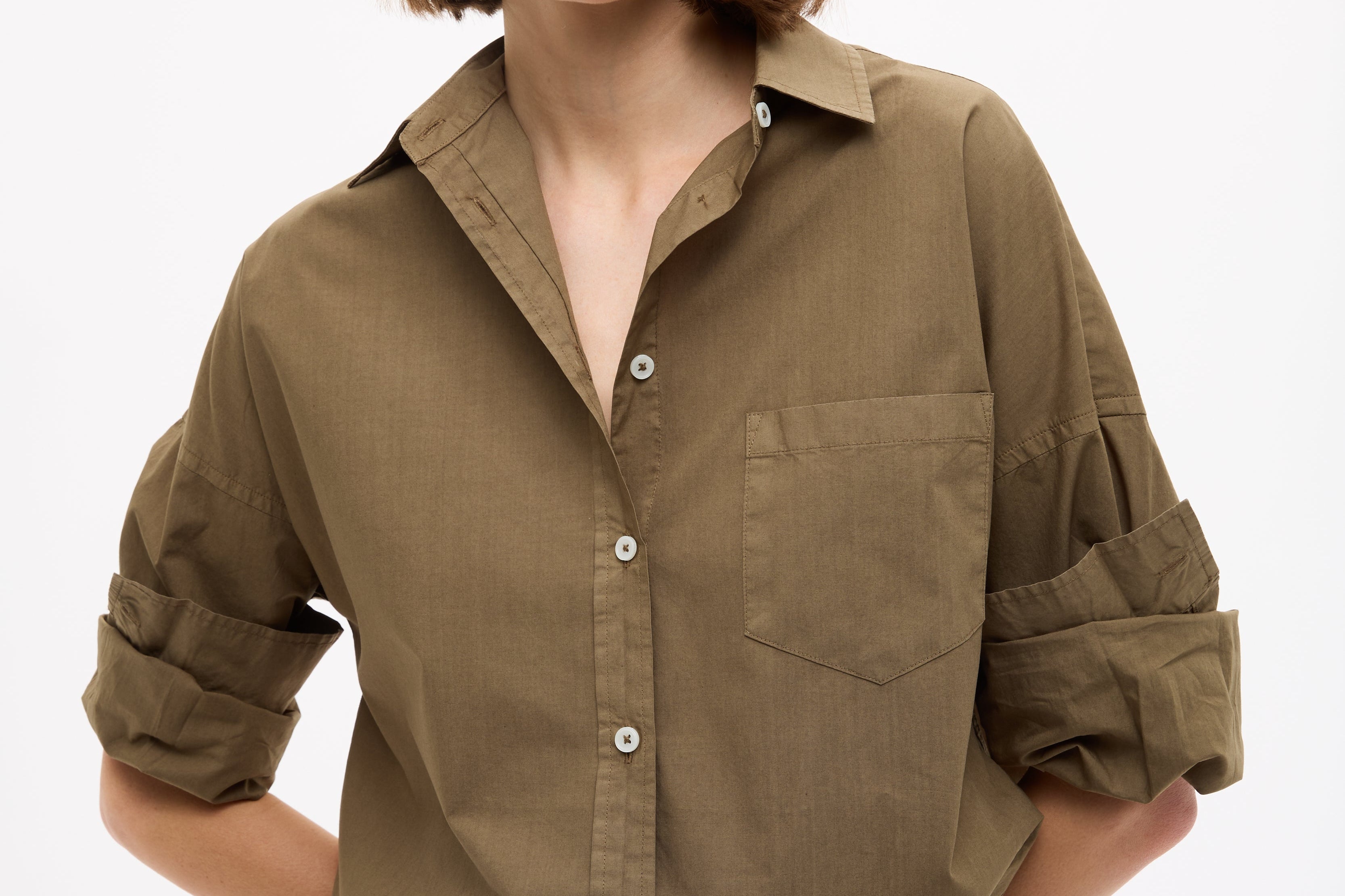 Dark olive Classic Long Sleeve Shirt with custom stripe, chest pocket, and relaxed fit, made from 100% cotton