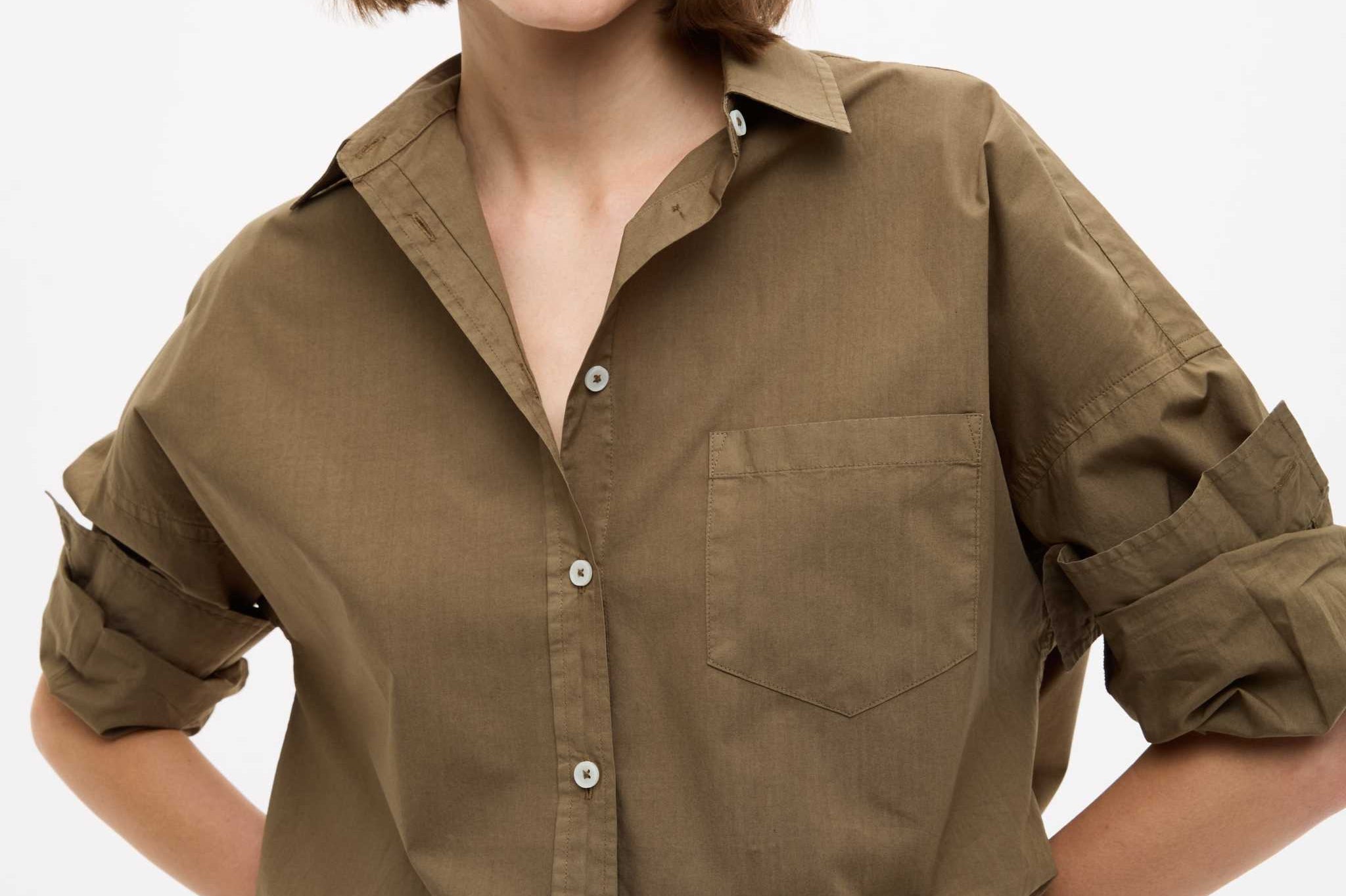 Dark olive Classic Long Sleeve Shirt with custom stripe, chest pocket, relaxed fit, and drop shoulders