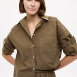 Dark olive Classic Long Sleeve Shirt with custom stripe, chest pocket, relaxed fit, and drop shoulders