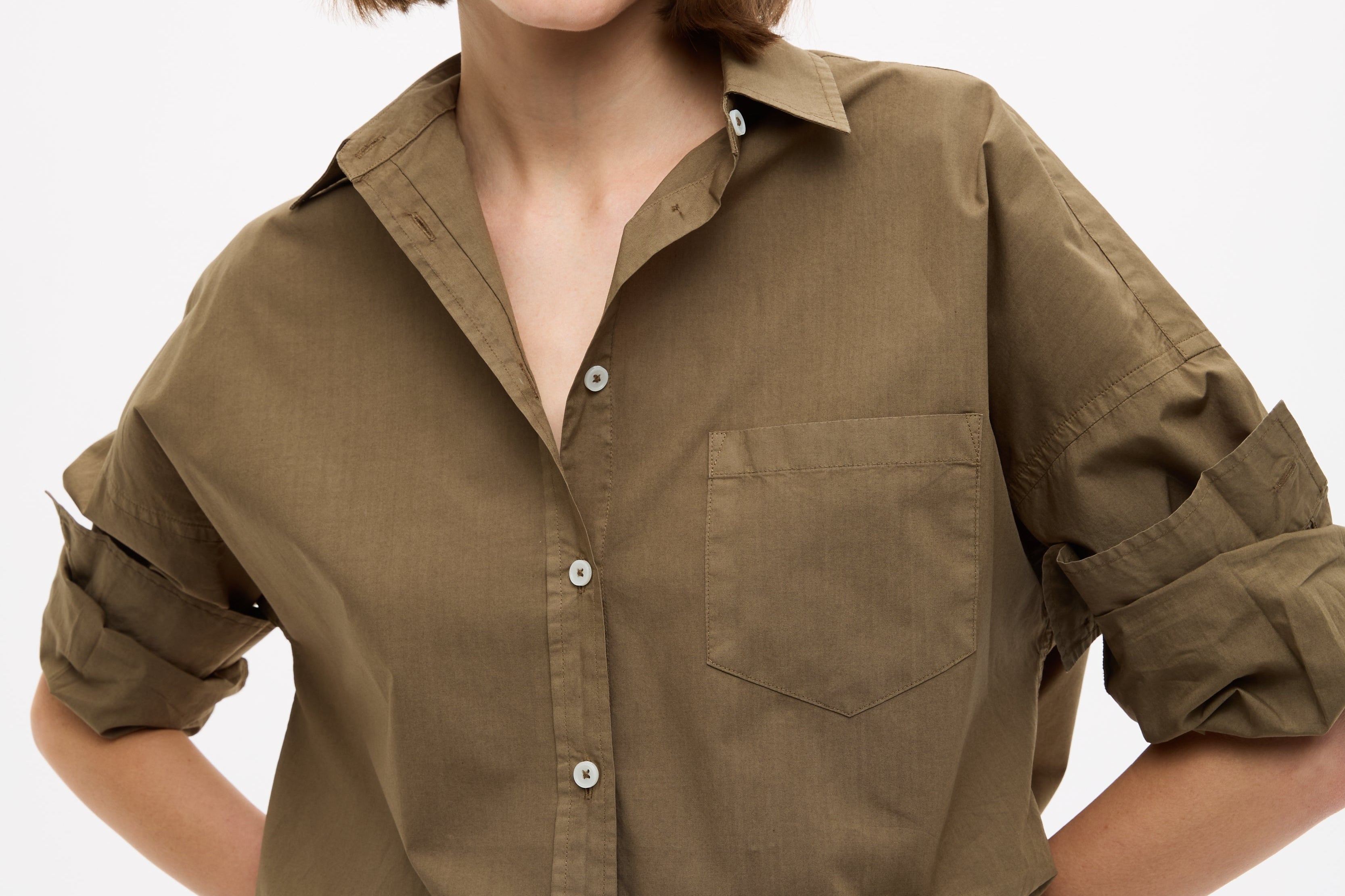 Dark olive Classic Long Sleeve Shirt with custom stripe, chest pocket, relaxed fit, and drop shoulders