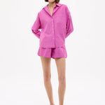 Fuchsia Chiara Cotton Long Sleeve Shirt with custom stripes, chest pocket, and relaxed fit