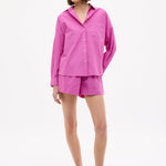 Fuchsia Chiara Cotton Long Sleeve Shirt with custom stripe and chest pocket, relaxed fit and drop shoulders