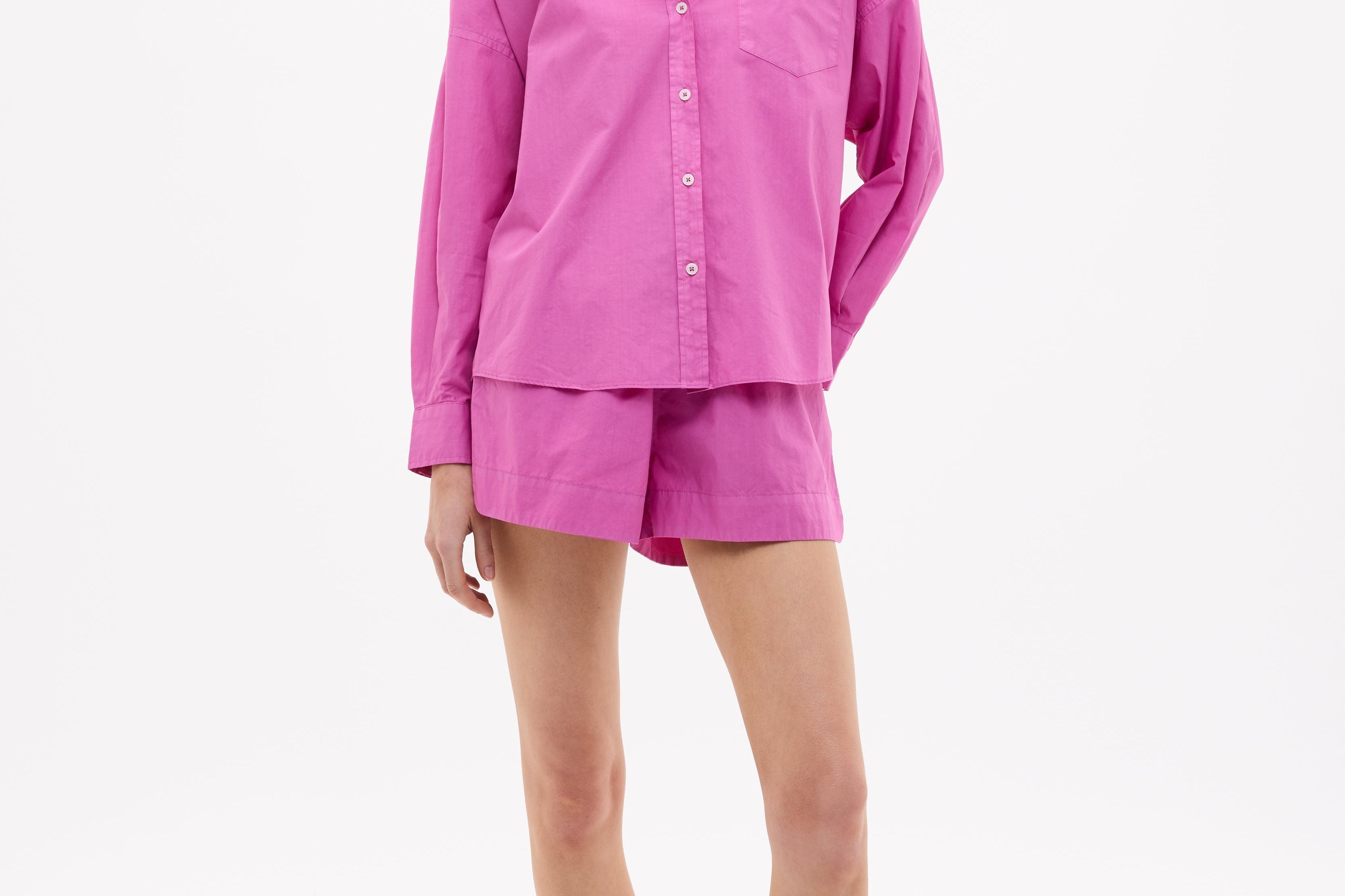 Fuchsia Chiara Cotton Long Sleeve Shirt with custom stripe and chest pocket, relaxed fit and drop shoulders