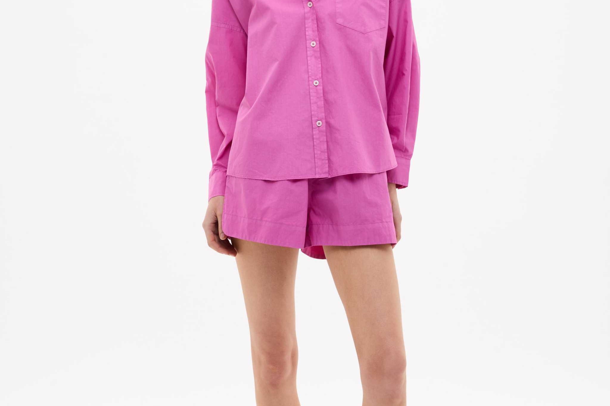 Fuchsia Chiara Cotton Long Sleeve Shirt with custom yarn-dyed stripes, chest pocket, and relaxed fit
