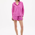 Fuchsia Chiara Cotton Long Sleeve Shirt with custom yarn-dyed stripes, chest pocket, and relaxed fit