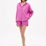 Fuchsia Chiara Cotton Long Sleeve Shirt with custom stripe, relaxed fit, chest pocket, and drop shoulders