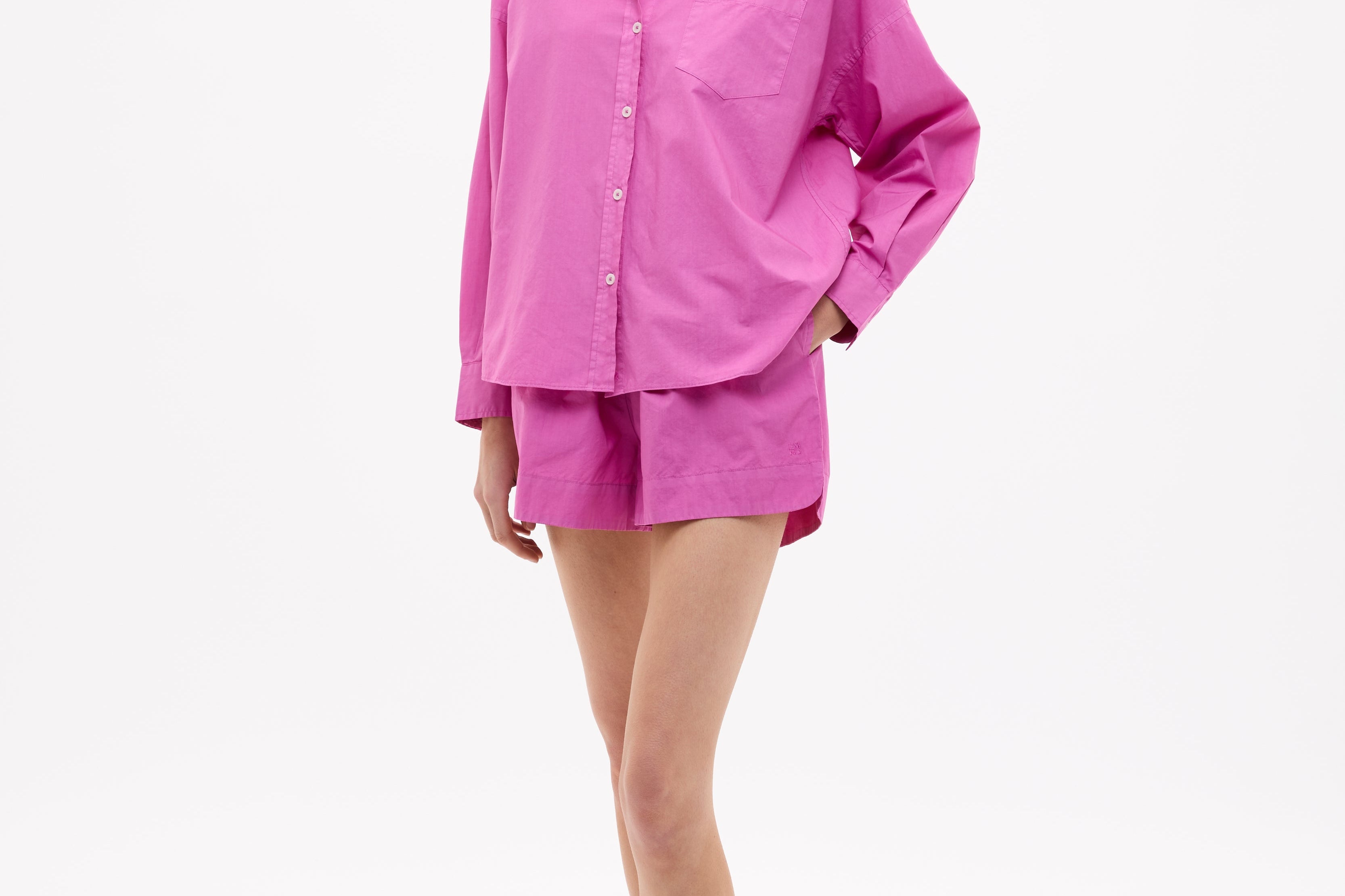 Fuchsia Chiara Cotton Long Sleeve Shirt with custom stripe, relaxed fit, chest pocket, and drop shoulders