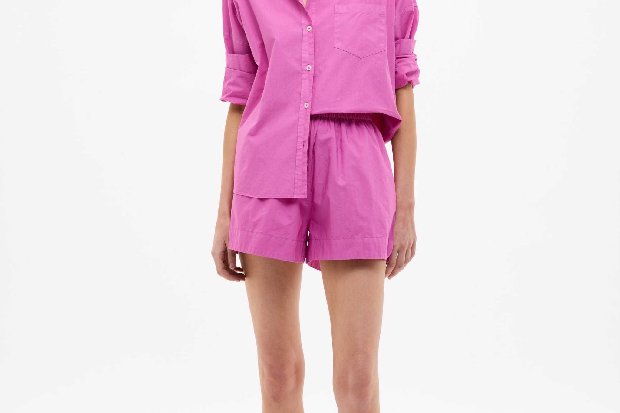 Fuchsia Chiara Cotton Long Sleeve Shirt with custom stripe, chest pocket, and drop shoulders in relaxed fit