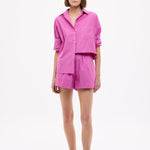 Fuchsia Chiara Cotton Long Sleeve Shirt with custom stripe, chest pocket, and drop shoulders in relaxed fit
