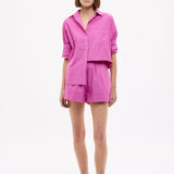 Fuchsia Chiara Cotton Long Sleeve Shirt with custom stripe, chest pocket, and drop shoulders in relaxed fit