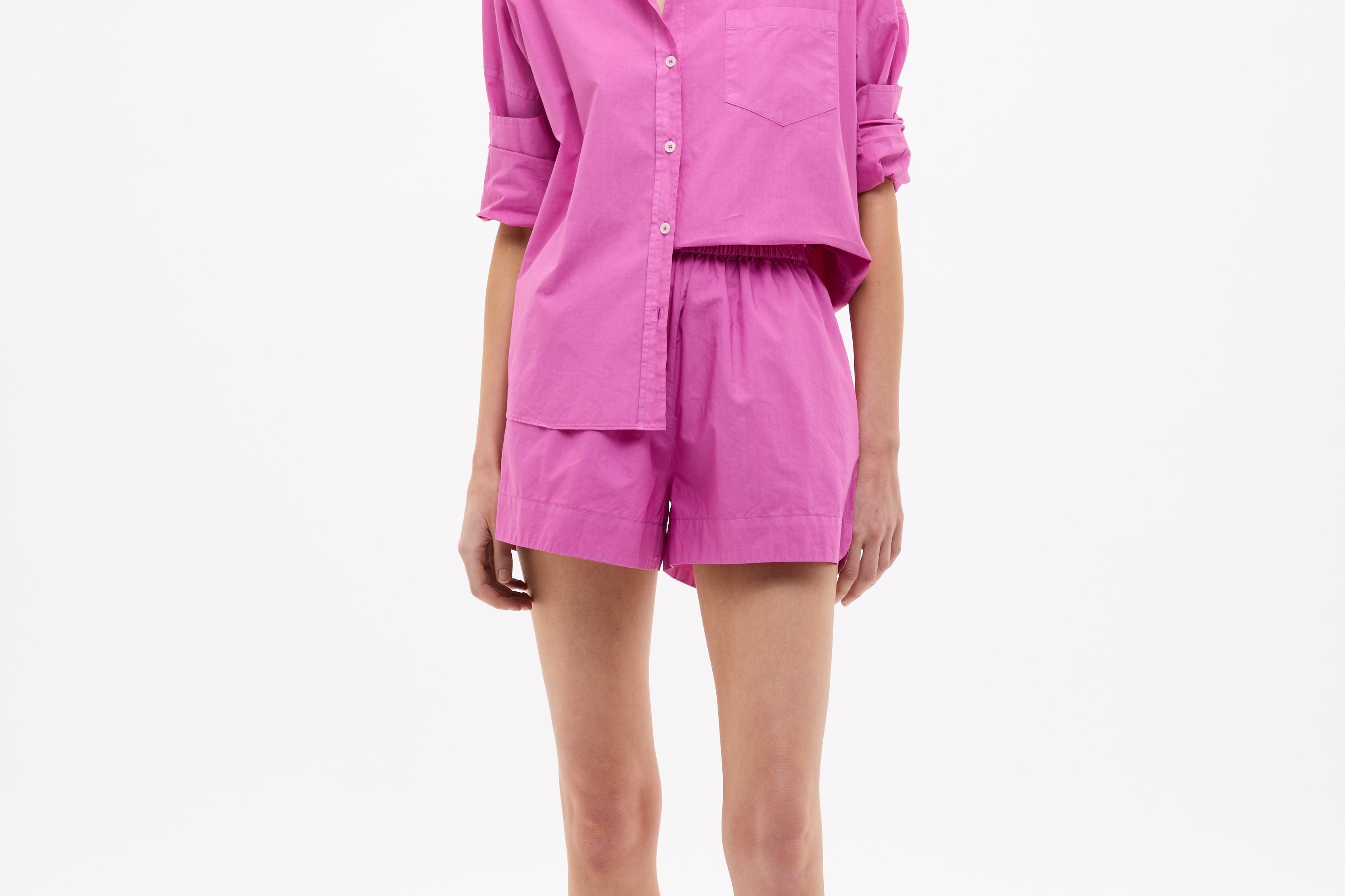 Fuchsia Chiara Cotton Long Sleeve Shirt with custom stripe, chest pocket, and drop shoulders in relaxed fit