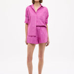 Chiara Cotton Long Sleeve Shirt in fuchsia with classic button-up, chest pocket, drop shoulders, and relaxed fit
