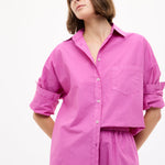 Fuchsia Chiara Cotton Long Sleeve Shirt with custom yarn-dyed stripes, relaxed fit, chest pocket, and drop shoulders.
