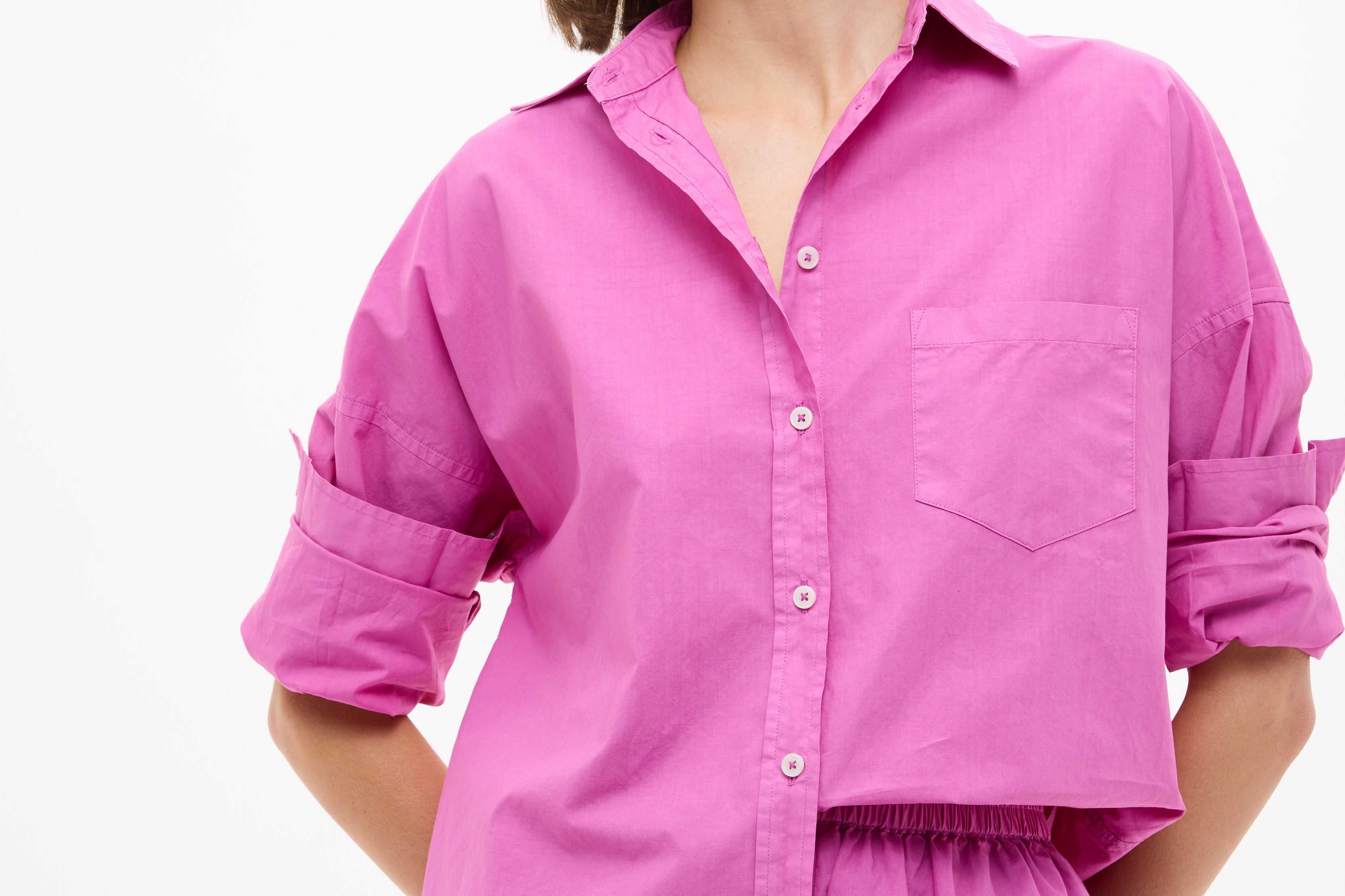 Fuchsia Chiara Cotton Long Sleeve Shirt with custom yarn-dyed stripes, relaxed fit, chest pocket, and drop shoulders.