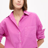 Fuchsia Chiara Cotton Long Sleeve Shirt with custom stripes, oversized fit, chest pocket, and drop shoulders