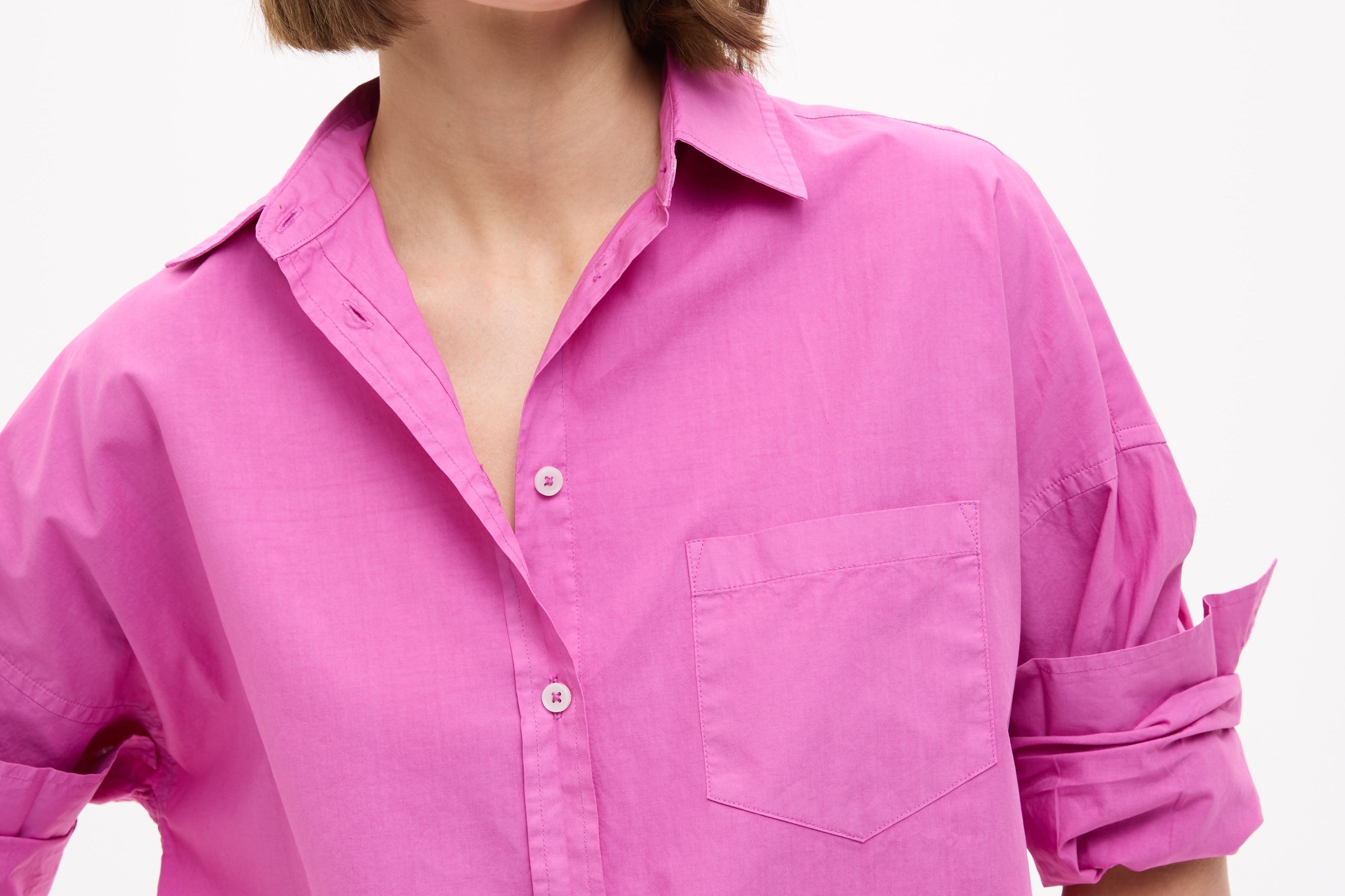 Fuchsia Chiara Cotton Long Sleeve Shirt with custom stripes, oversized fit, chest pocket, and drop shoulders
