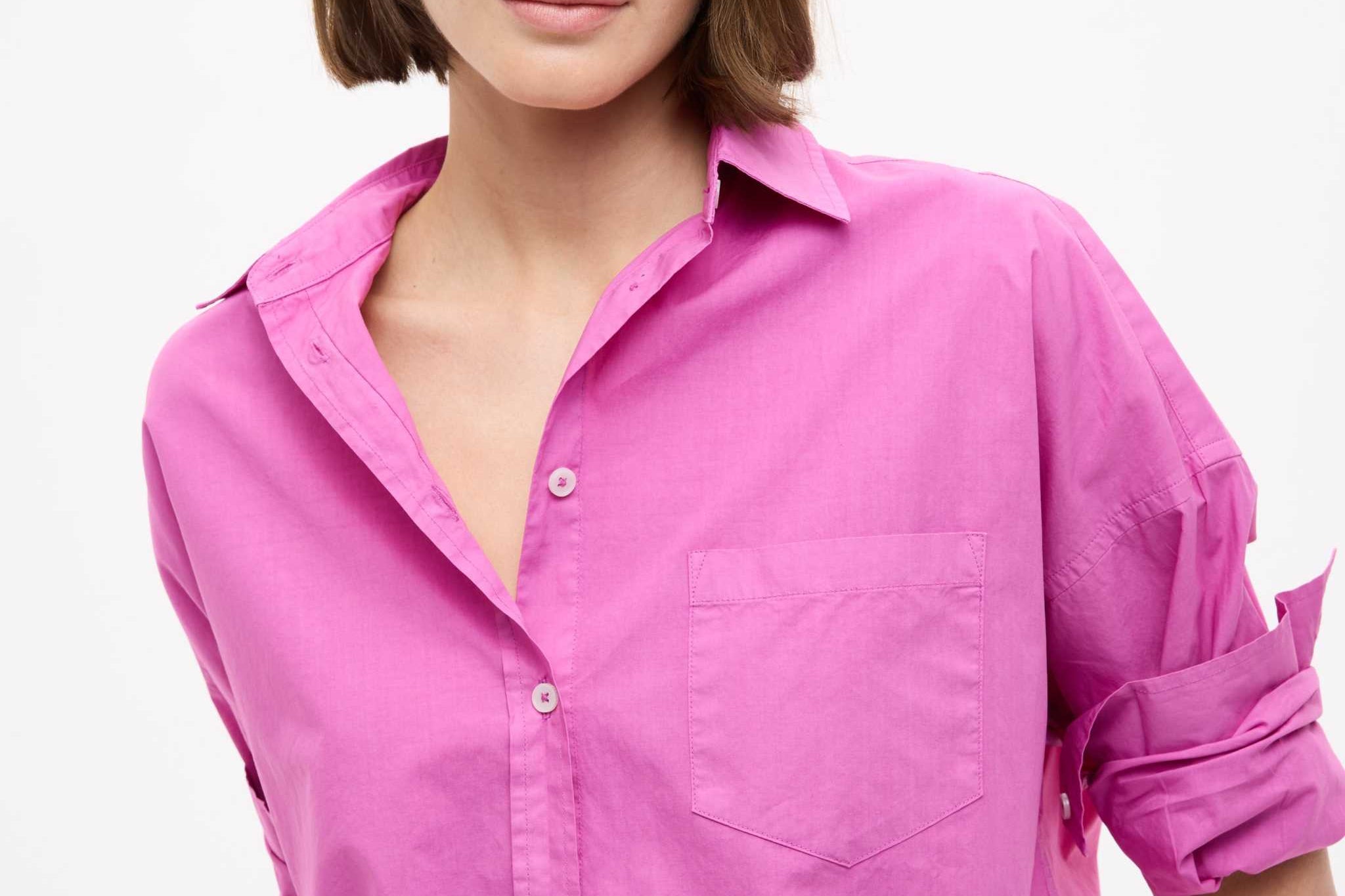 Fuchsia Chiara Cotton Long Sleeve Shirt with custom stripe, relaxed fit, chest pocket, and drop shoulders