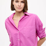 Fuchsia Chiara Cotton Long Sleeve Shirt with custom stripe, relaxed fit, chest pocket, and drop shoulders
