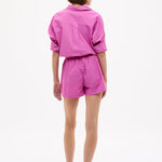 Chiara Cotton Long Sleeve Shirt in fuchsia, classic button-up with custom stripe, chest pocket, drop shoulders, and relaxed fit.