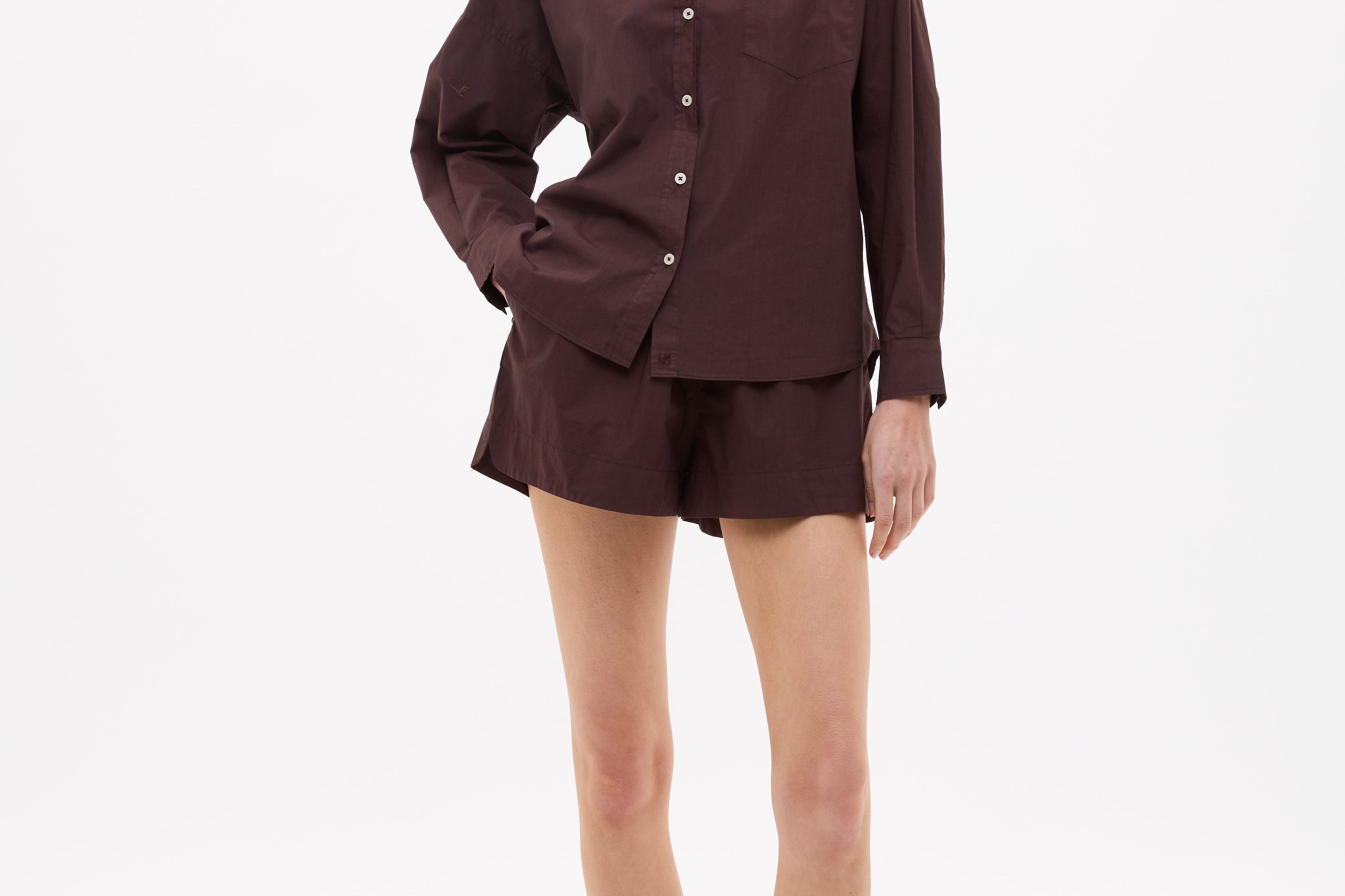 Chiara Cotton Shorts in chocolate brown with elastic waistband and side pockets