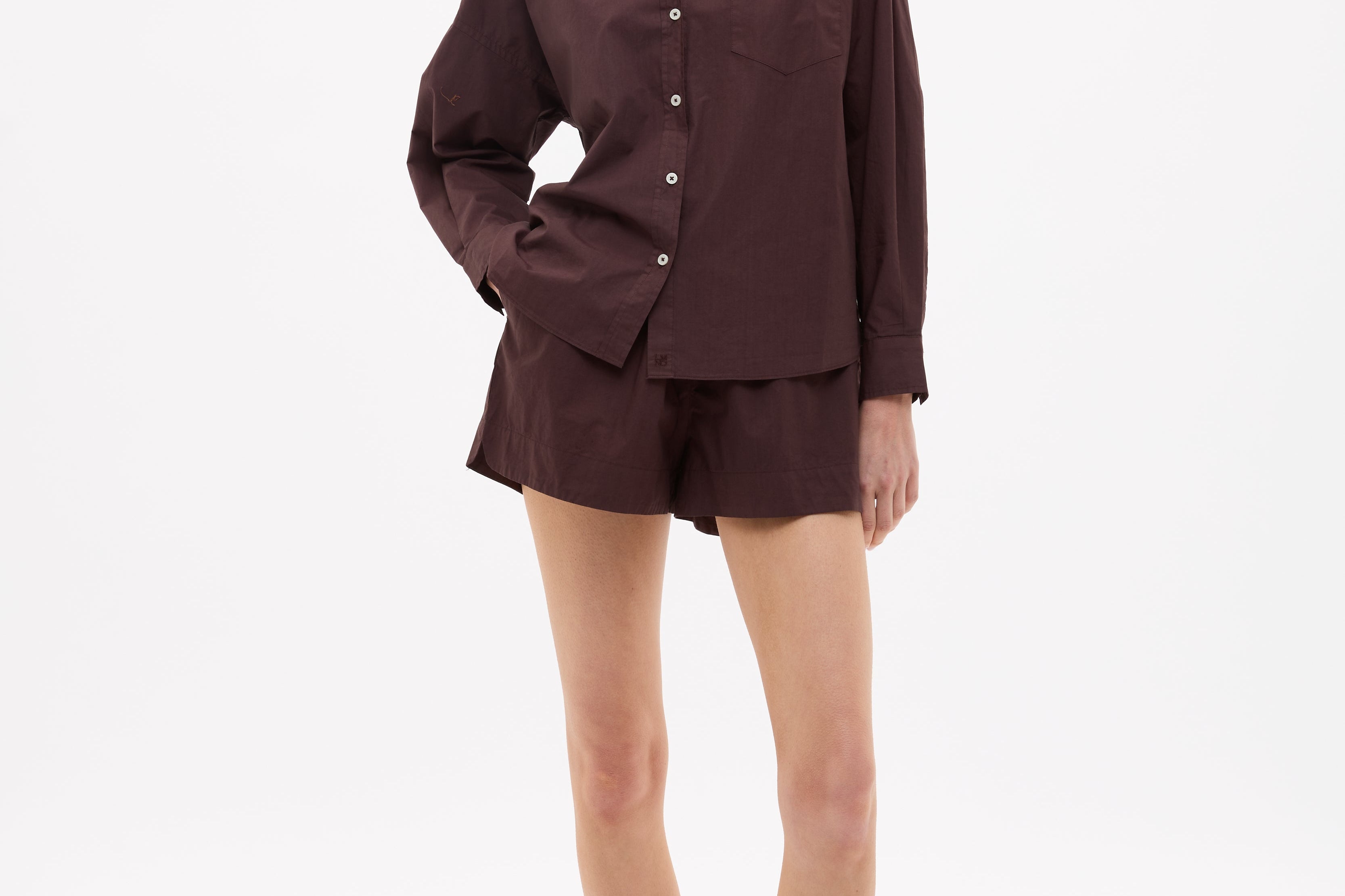 Chiara Cotton Shorts in chocolate brown with elasticated waist and side pockets
