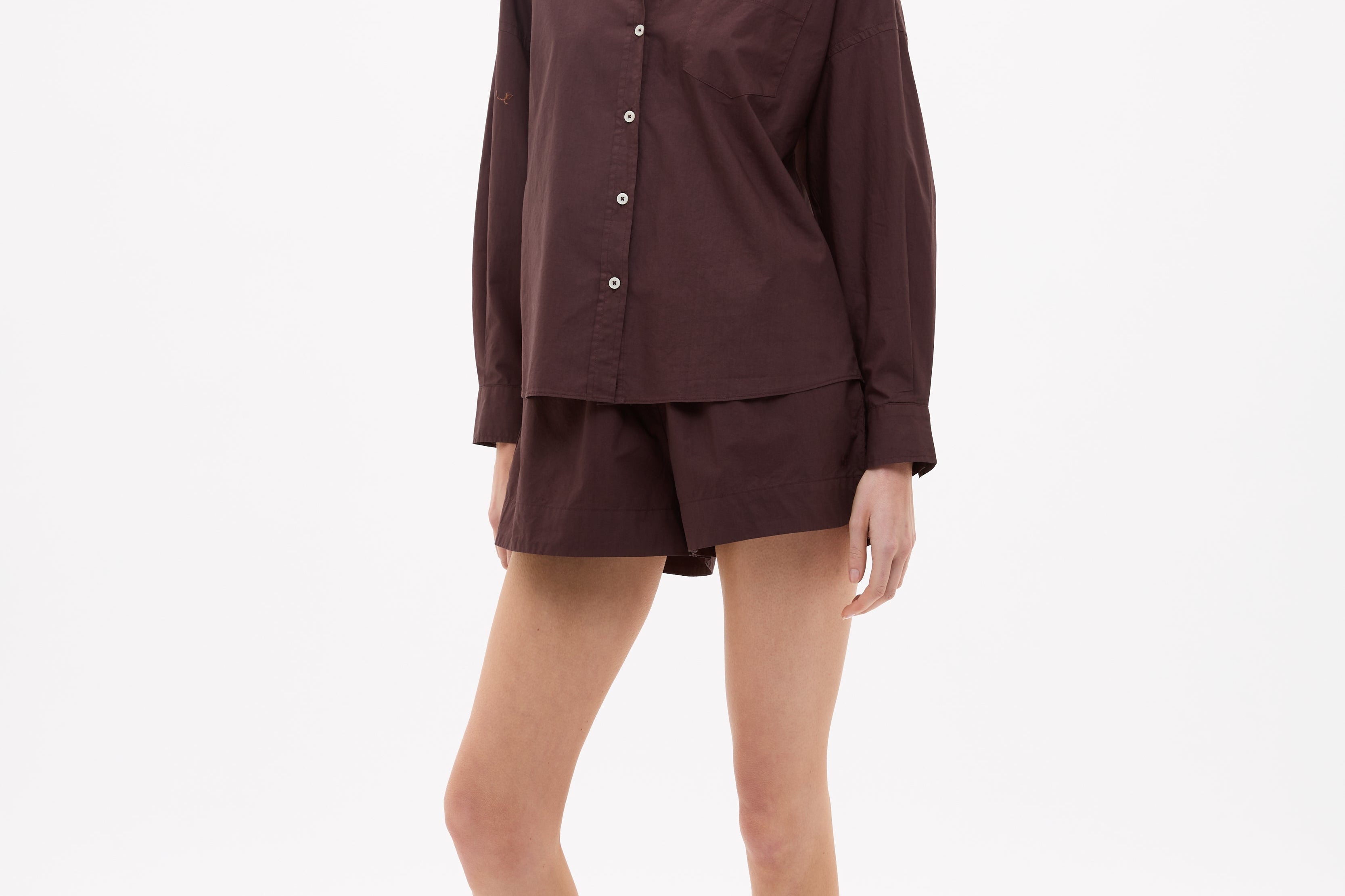 Chiara Cotton Shorts in chocolate brown with elastic waistband and side pockets