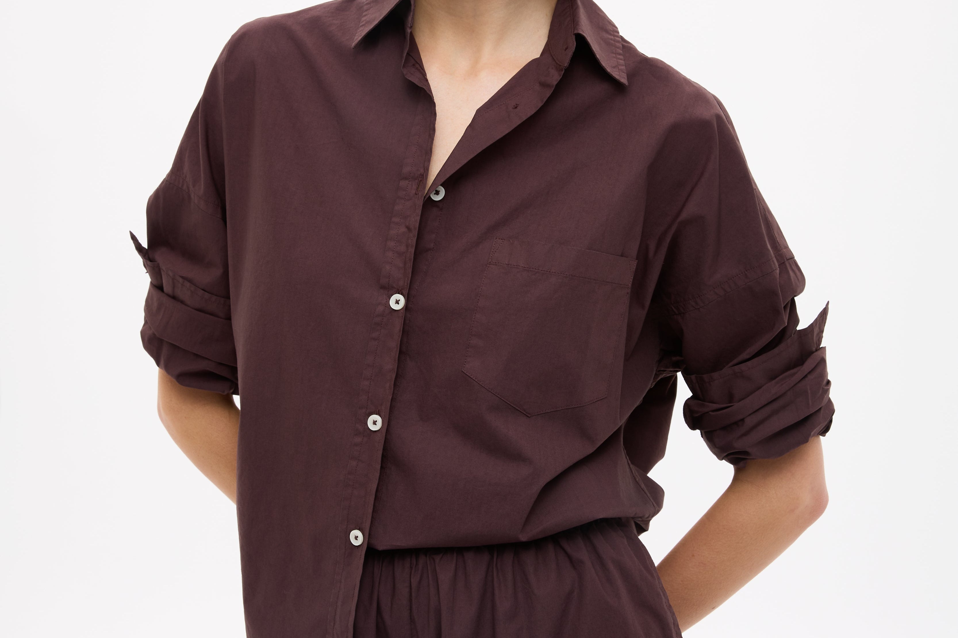 Chiara Cotton Shorts in chocolate brown with elastic waistband and side pockets