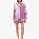 Chiara Long Sleeve Shirt in vibrant fuchsia multi-stripe with relaxed oversized fit and chest pocket