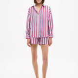 Chiara Long Sleeve Shirt in vibrant fuchsia multi-stripe with relaxed oversized fit and chest pocket