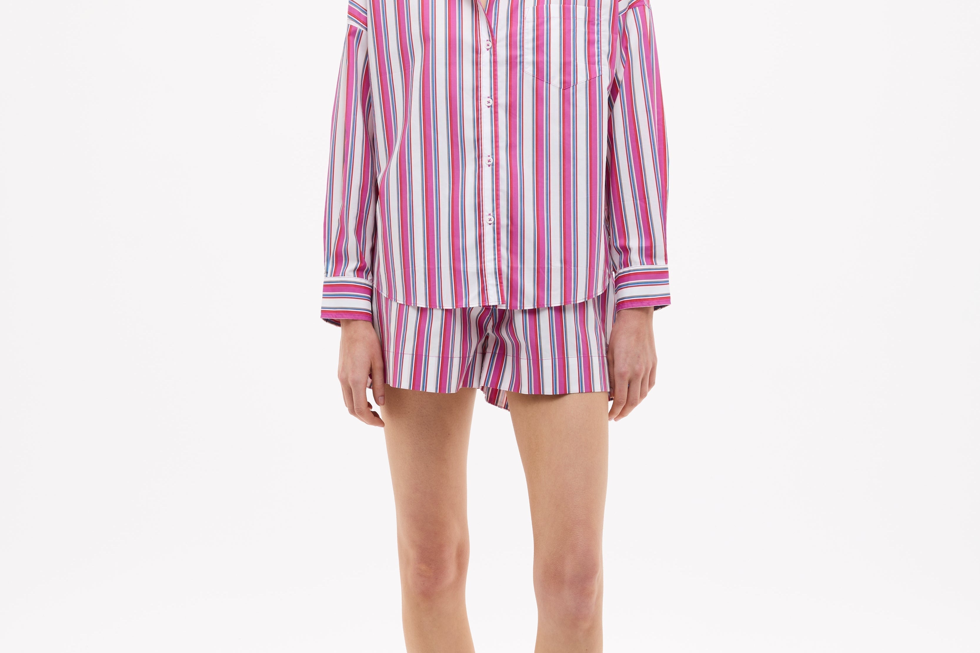 Chiara Long Sleeve Shirt in vibrant fuchsia multi-stripe with relaxed oversized fit and chest pocket