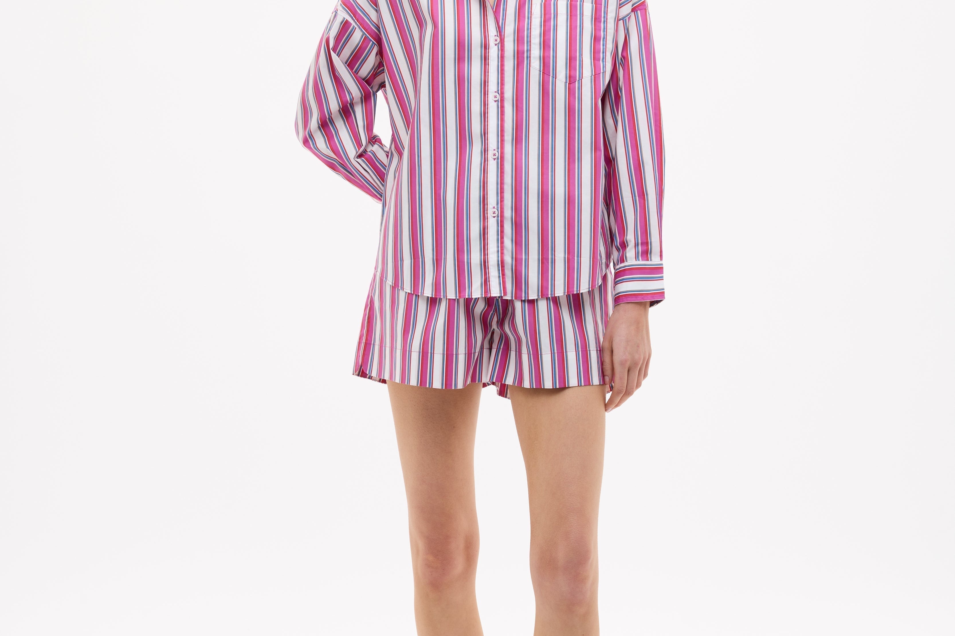Chiara Long Sleeve Shirt in fuchsia multi-stripe with relaxed oversized fit and chest pocket
