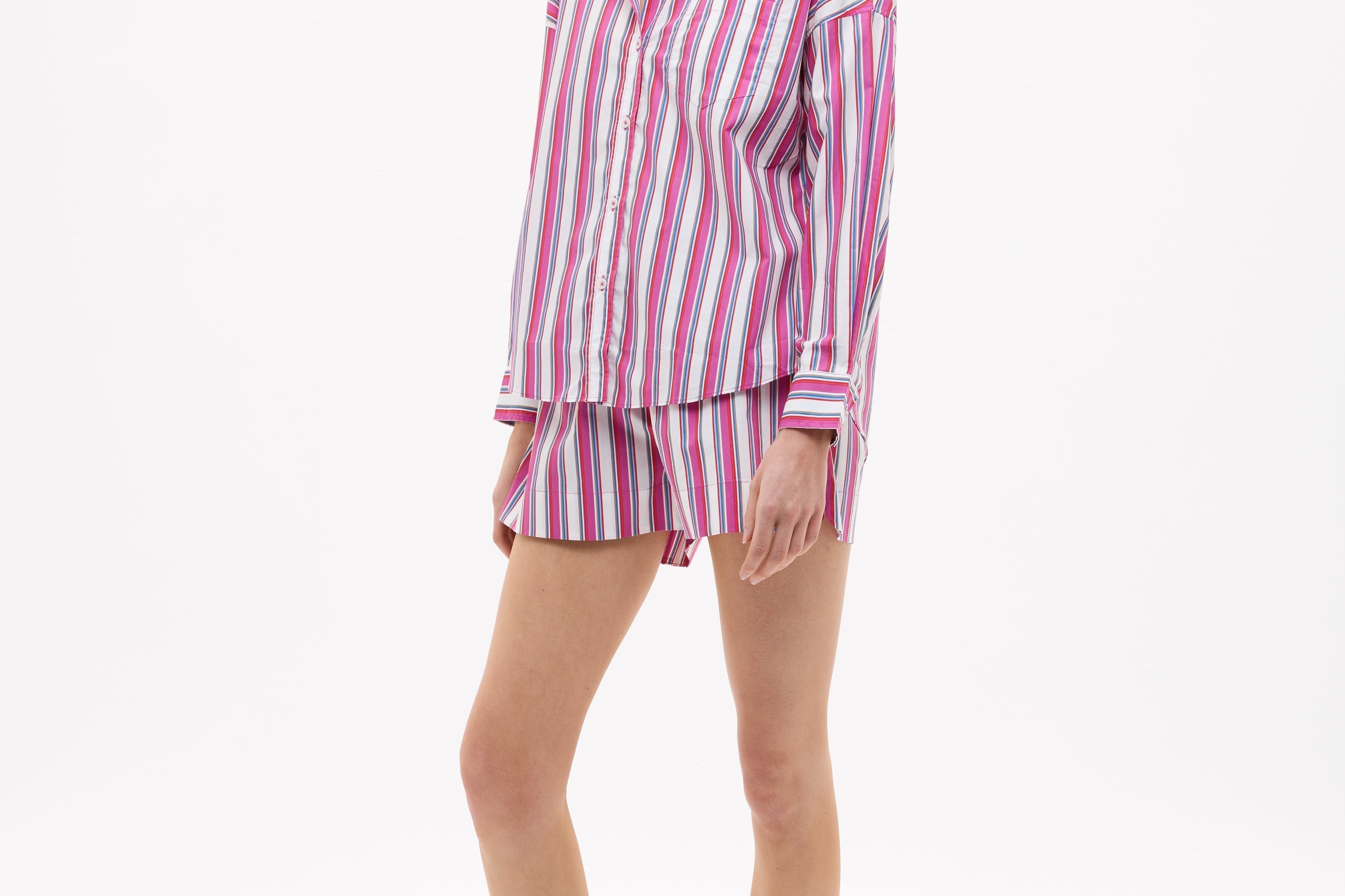 Chiara Long Sleeve Shirt in fuchsia multi-stripe with relaxed oversized fit and chest pocket