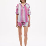Chiara Long Sleeve Shirt in vibrant fuchsia multi-stripe with relaxed oversized fit and chest pocket