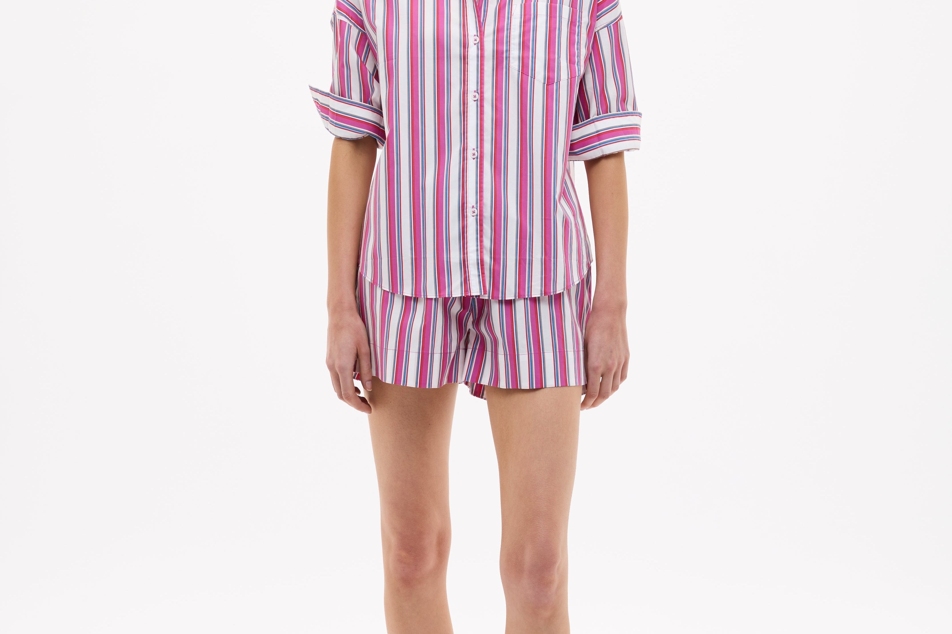Chiara Long Sleeve Shirt in vibrant fuchsia multi-stripe with relaxed oversized fit and chest pocket
