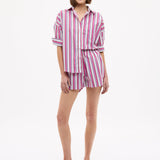 Chiara Long Sleeve Shirt in fuchsia multi-stripe with relaxed oversized fit and chest pocket