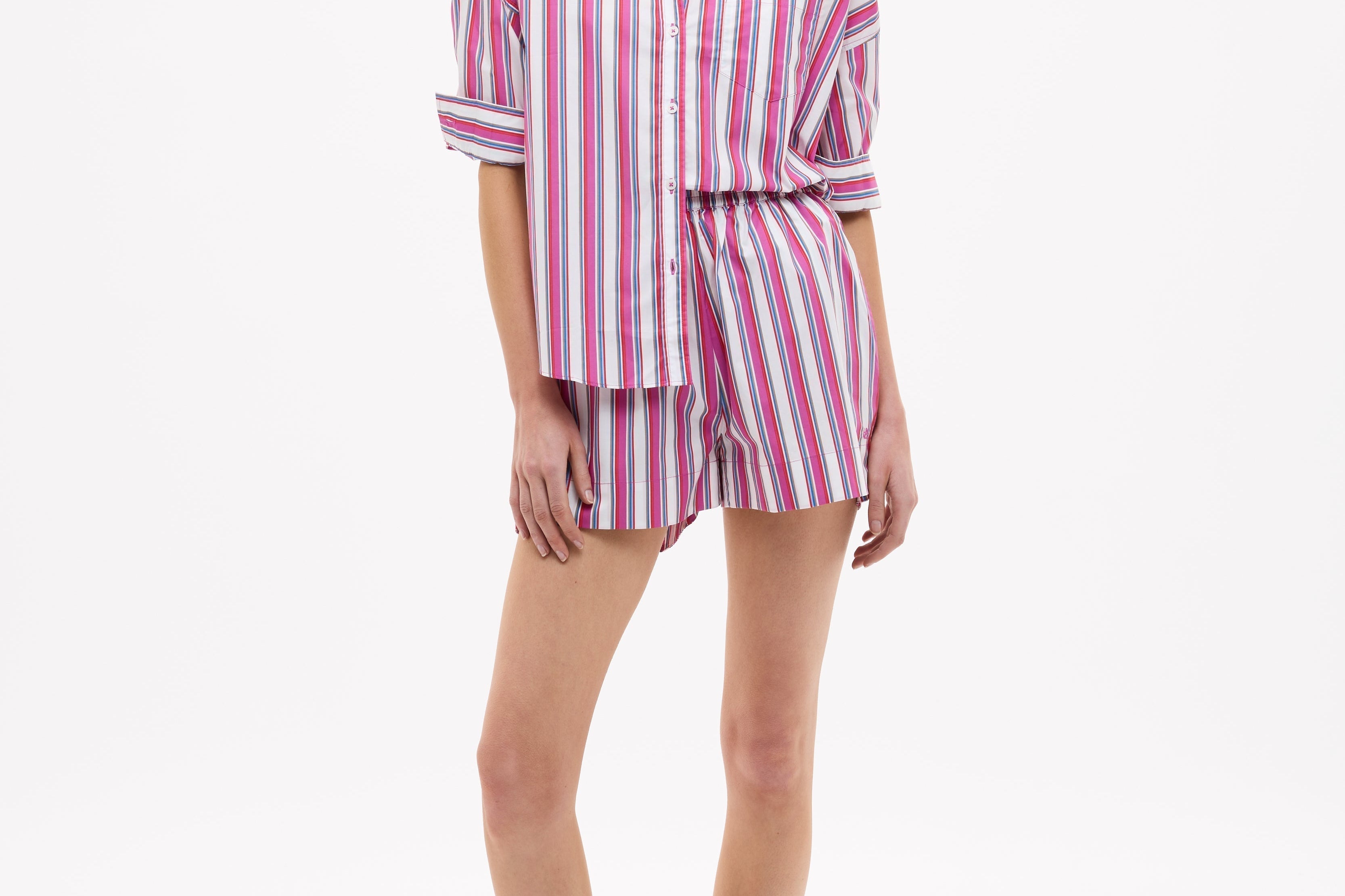 Chiara Long Sleeve Shirt in fuchsia multi-stripe with relaxed oversized fit and chest pocket