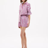 Chiara Long Sleeve Shirt in fuchsia multi-stripe with relaxed oversized fit and chest pocket
