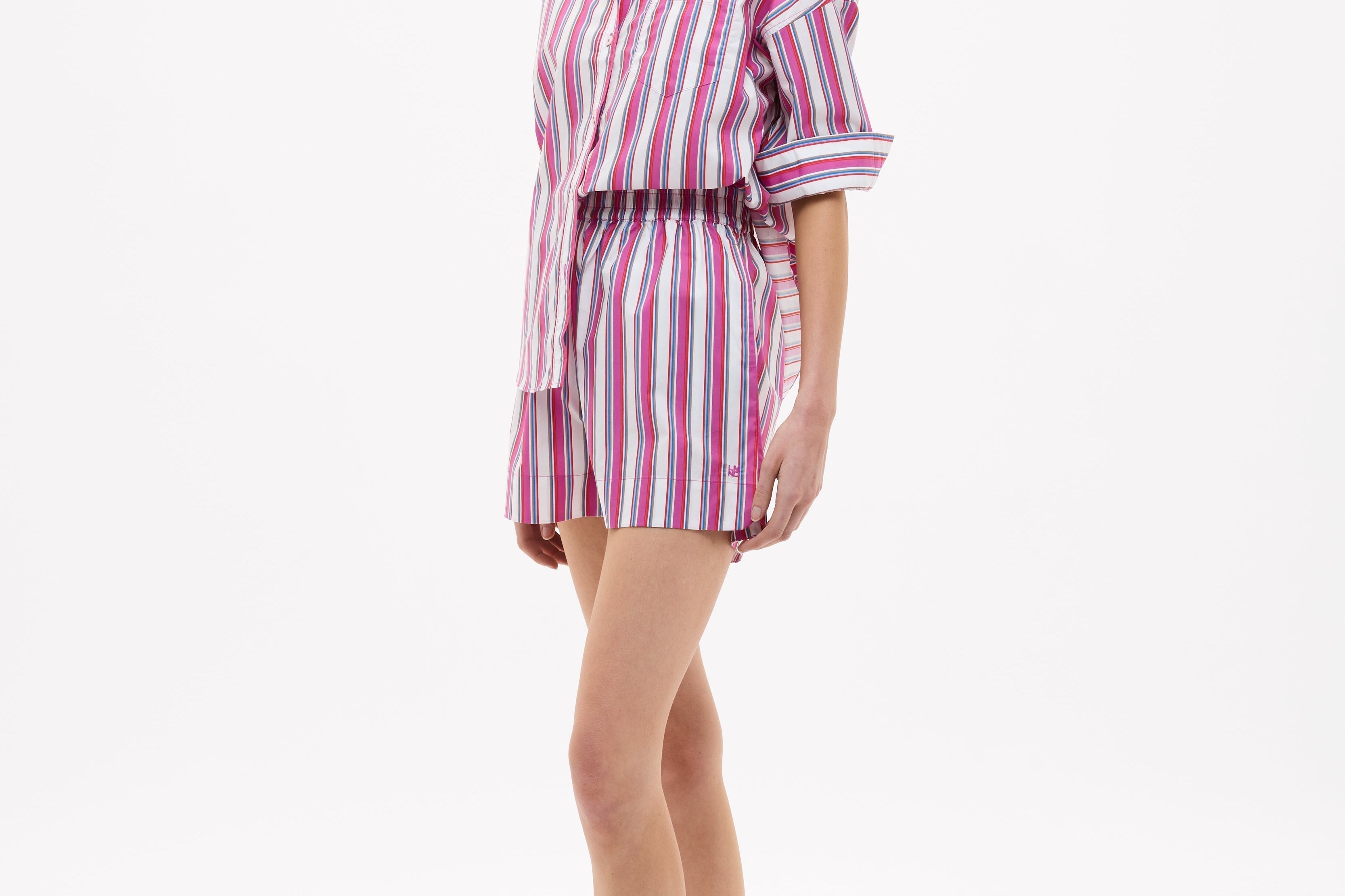 Chiara Long Sleeve Shirt in fuchsia multi-stripe with relaxed oversized fit and chest pocket