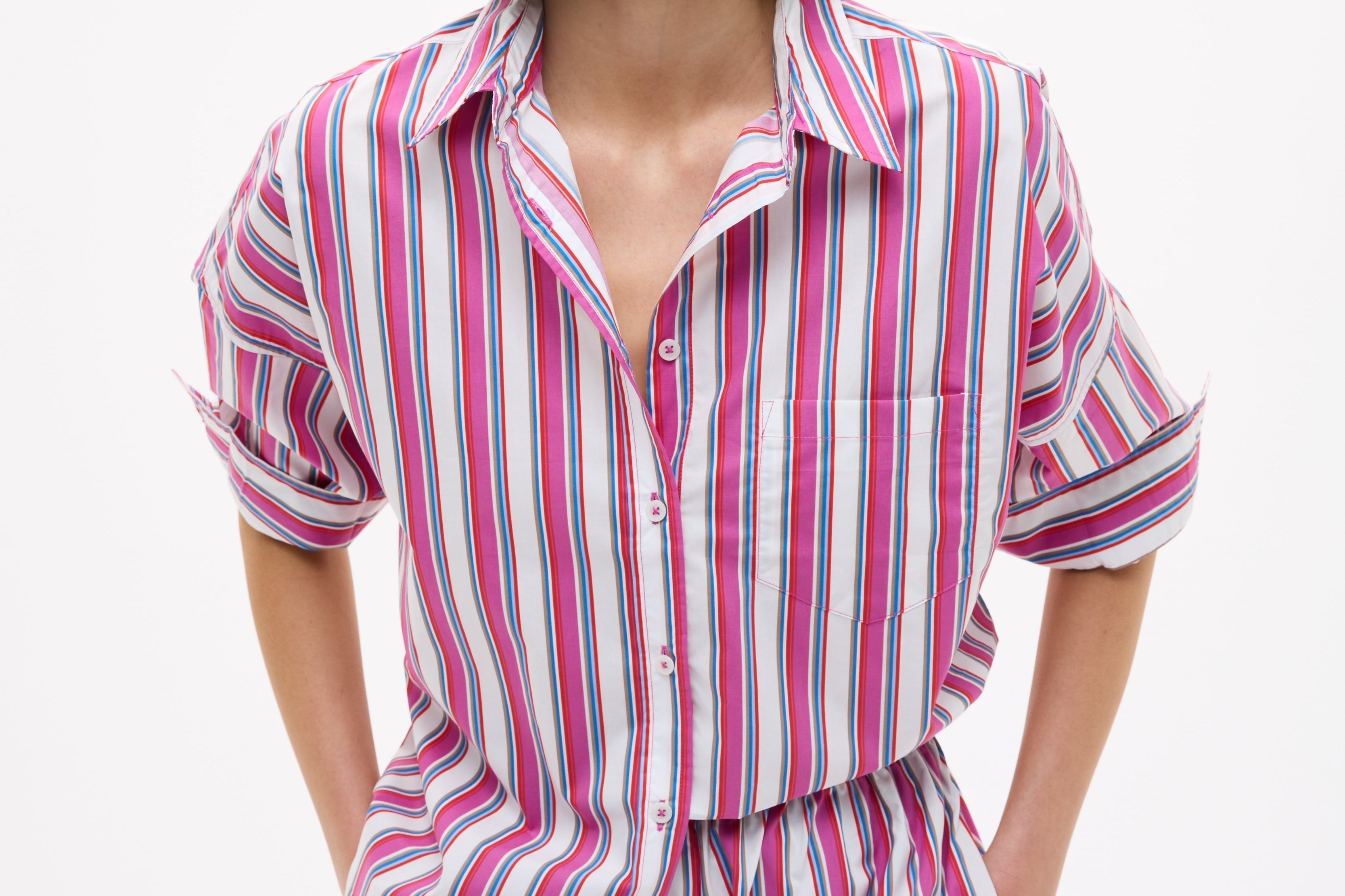 Chiara Long Sleeve Shirt in fuchsia multi stripe with oversized relaxed fit and chest pocket