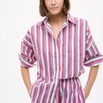 Chiara Long Sleeve Shirt in fuchsia multi-stripe with relaxed oversized fit and drop shoulders