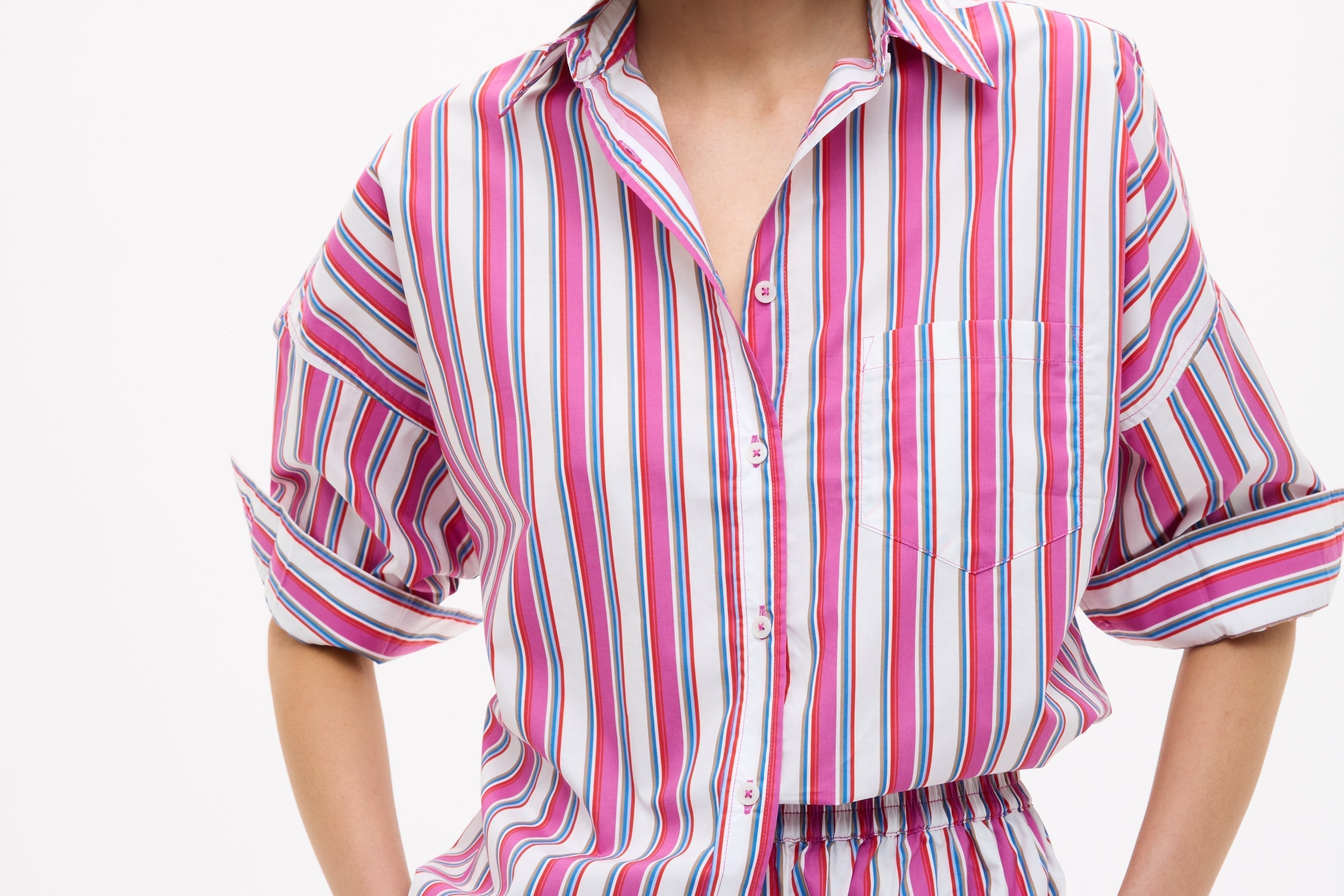 Chiara Long Sleeve Shirt in fuchsia multi-stripe with relaxed oversized fit and drop shoulders