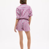 Chiara Long Sleeve Shirt in fuchsia multi-stripe with relaxed oversized silhouette and chest pocket