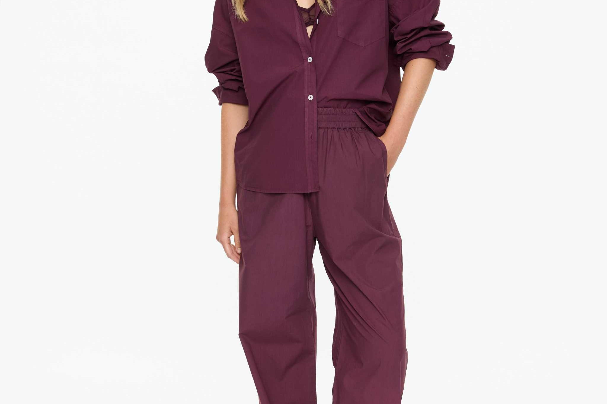 Oversized button-up shirt in cherry with custom stripes, chest pocket, and relaxed fit made from 100% cotton.