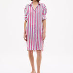 Chiara Long Sleeve Midi Shirt Dress in fuschia multi stripe with oversized fit and side pockets