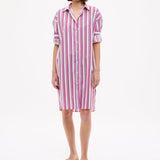Chiara Long Sleeve Midi Shirt Dress in fuschia multi stripe with oversized fit and side pockets