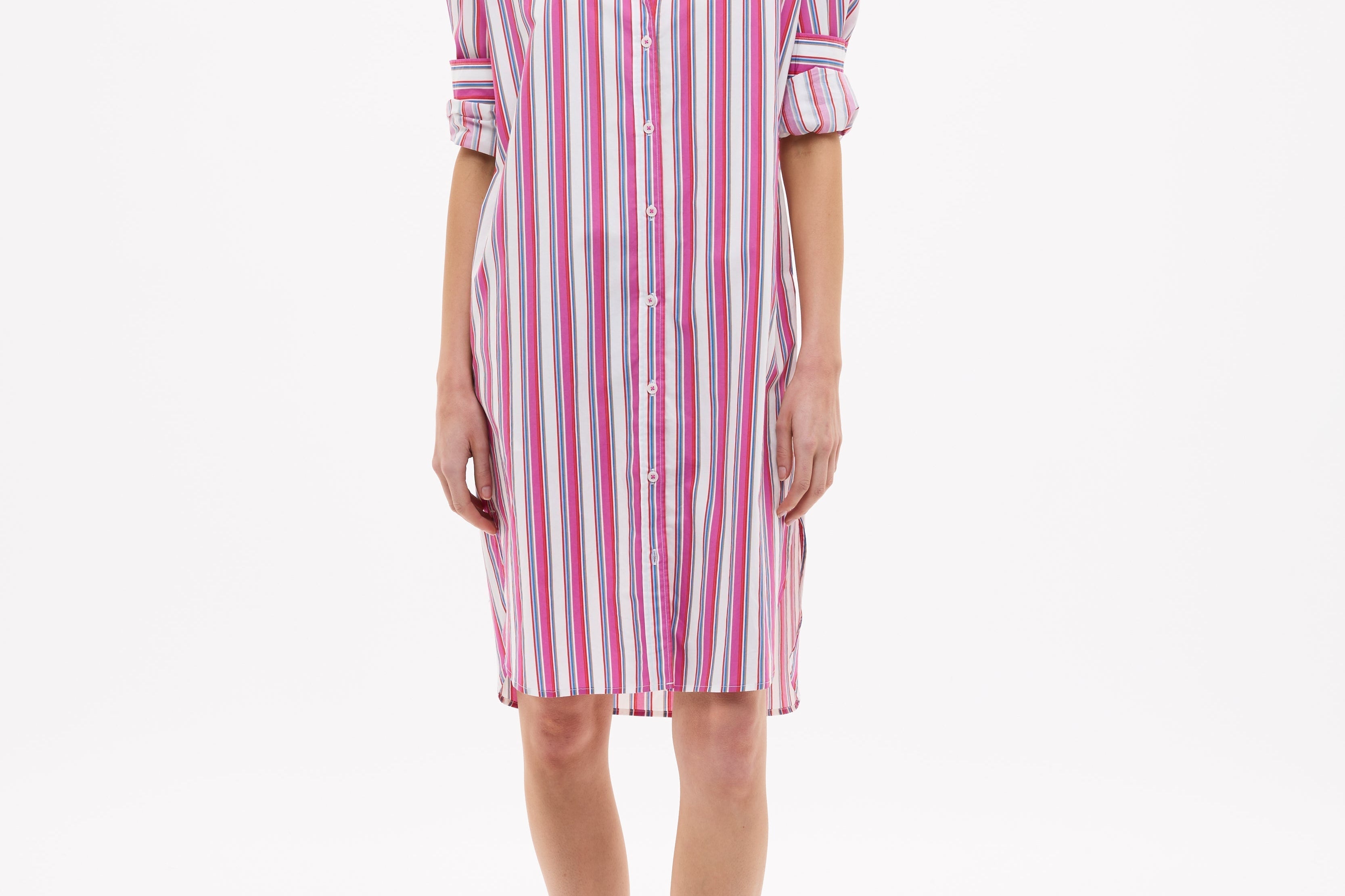Chiara Long Sleeve Midi Shirt Dress in fuschia multi stripe with oversized fit and side pockets